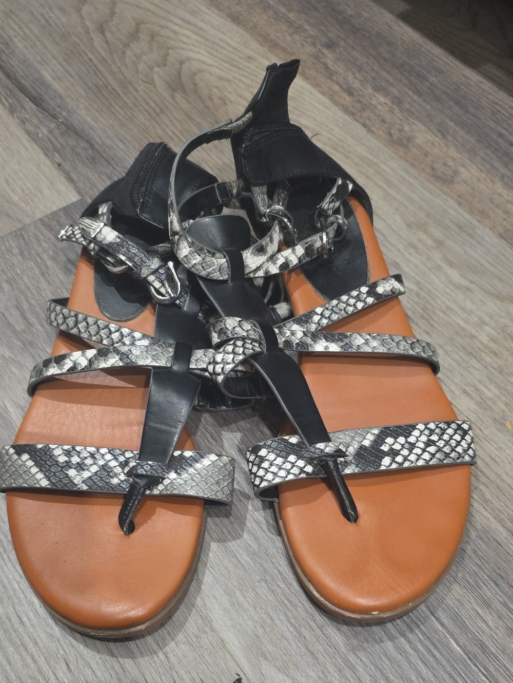 Nine West Black and Tan Snake-Print Strappy Sandals